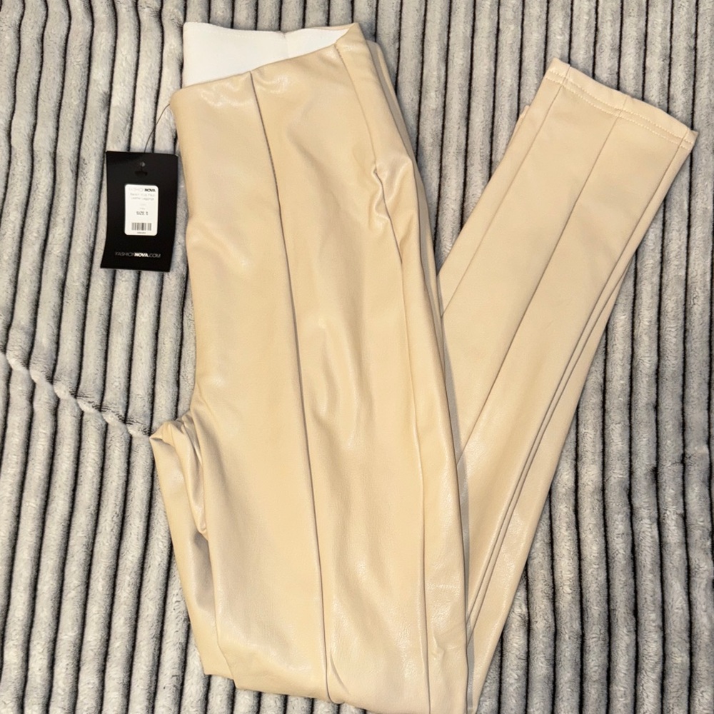 Cream Faux Leather Pants